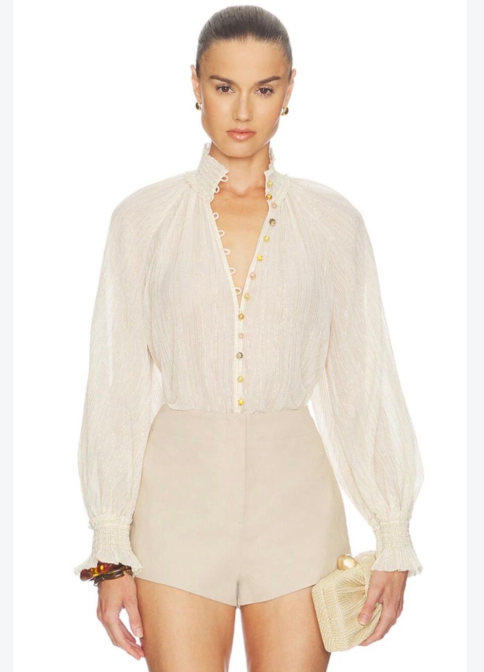 By Anthropologie Blouse S Ivory White Sheer Ruffle High Neck Balloon Sleeve